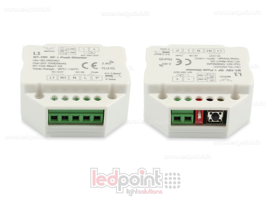 Single-colour 1 channel 0/1-10V dimmer receiver, AC push dim, RF 2.4G for wall junction box Single-colour 1 channel 0/1-10V dimmer receiver, AC push dim, RF 2.4G for wall junction box
