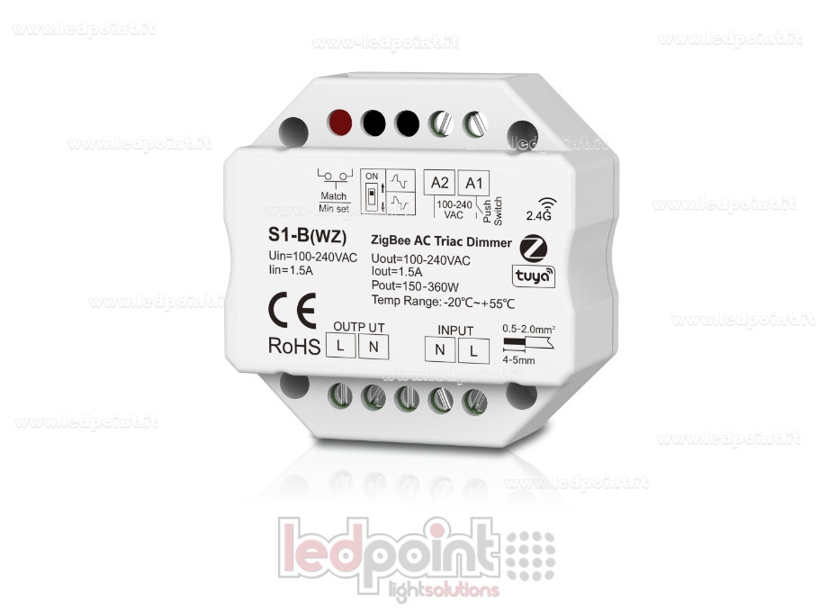 Monochromer Triac- und ZigBee-Controller 100/230V, Push-Dim AC, WiFi, RF 2.4G, für Wandverteilerdose