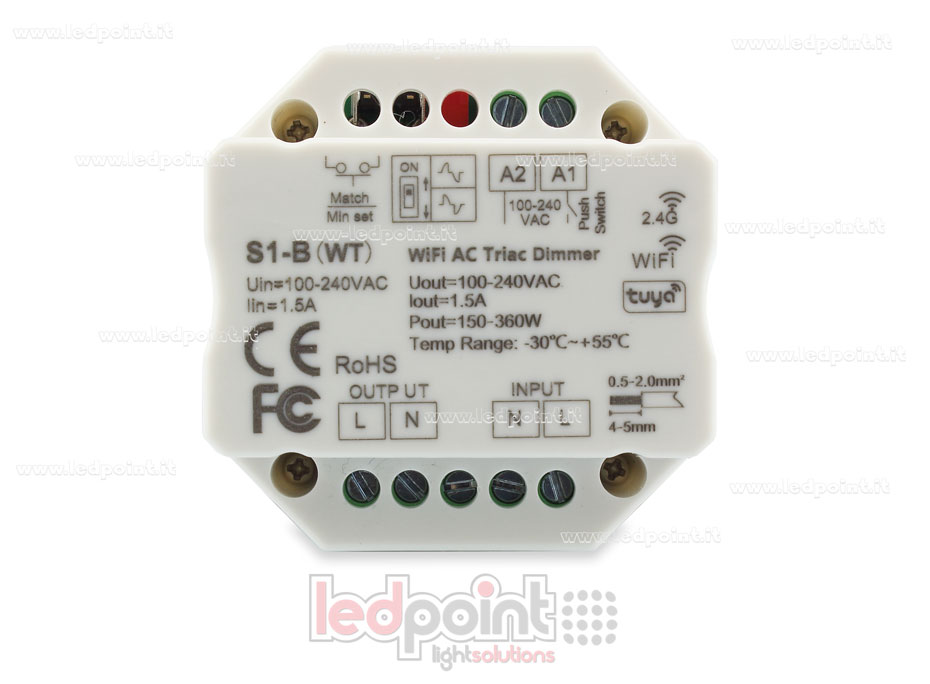 Single-colour triac 100/230V push dim AC, WiFi, RF 2.4G controller for wall junction box Single-colour triac 100/230V push dim AC, WiFi, RF 2.4G controller for wall junction box