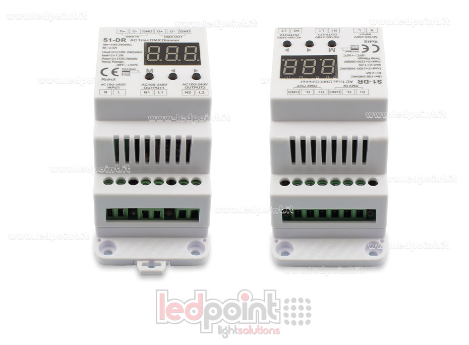 Triac DMX 512 dimmer barra DIN, 2 canali da 1.2A Triac DMX 512 dimmer barra DIN, 2 canali da 1.2A