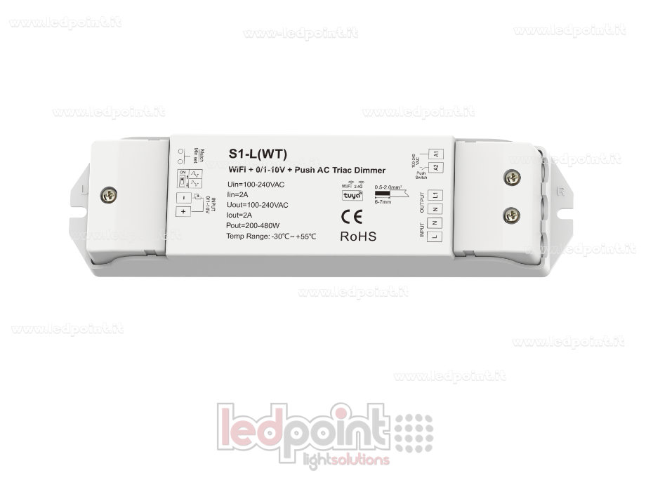 Phase-Cut AC Dimmer, 100-240V AC, 1ch*2A, WiFi + 0/1-10V + Push 