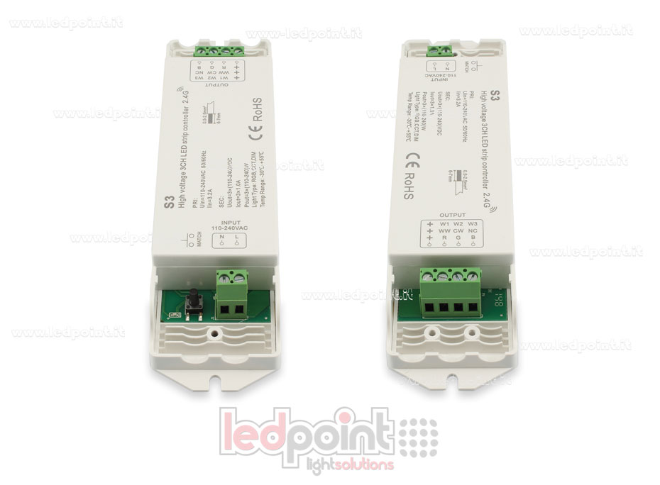 Controller per strip 110-240 VDC, CCT/RGB, 3 canali da 1A l'uno, RF 2.4G Controller per strip 110-240 VDC, CCT/RGB, 3 canali da 1A l'uno, RF 2.4G