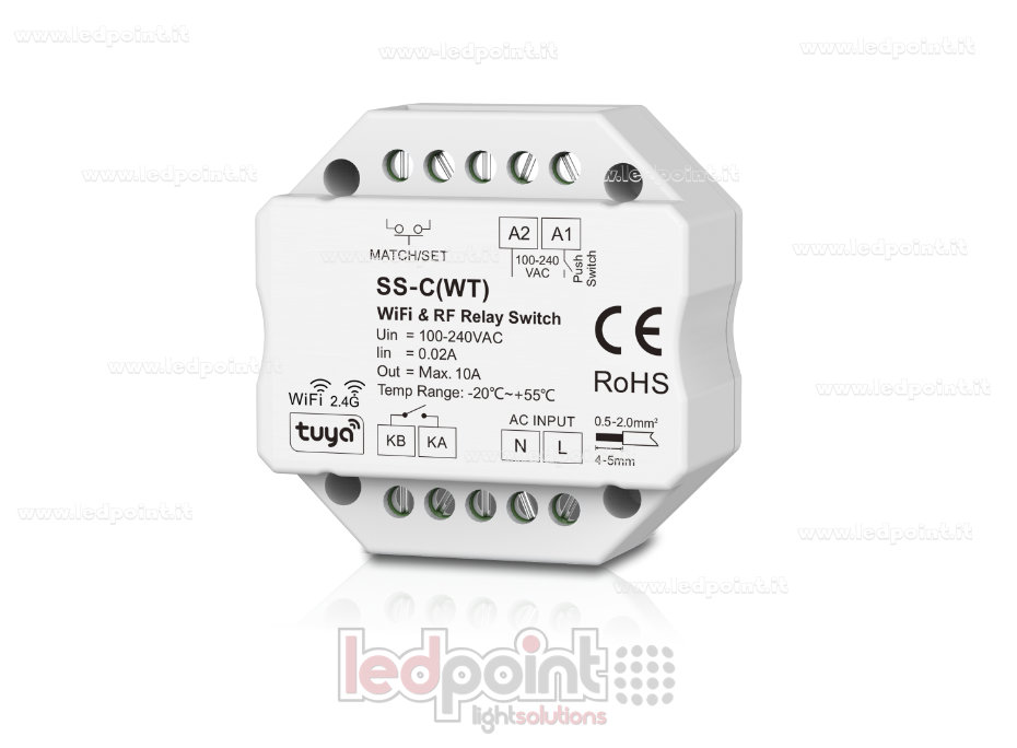 Monochromatic Controller 100-240VAC, Non-dimmable 10A, Push Dim, Wi-Fi + RF 2.4G, for Wall Junction Box