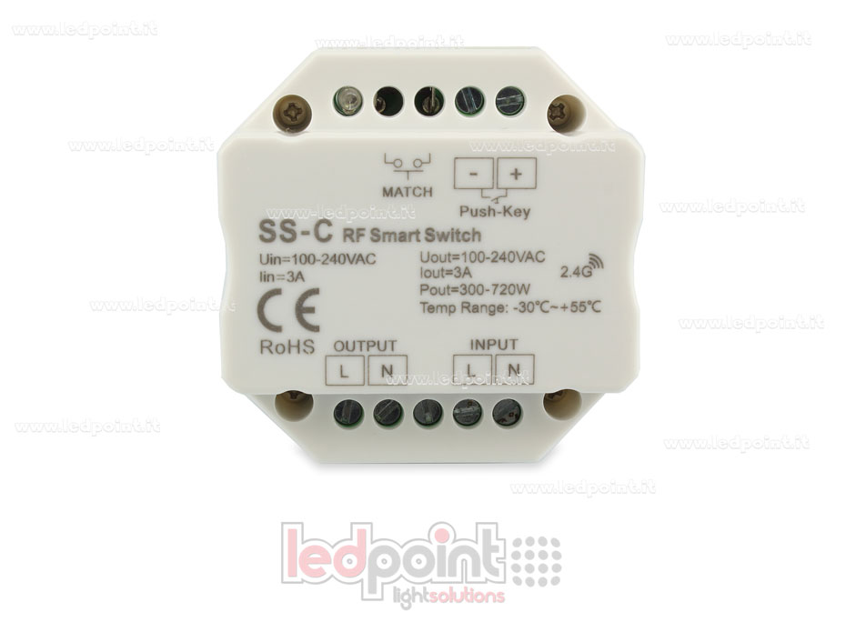 Controller monocromatico 100-240VAC, on/off, non dimmerabile, 3A, push dim, RF 2.4G, per scatola di derivazione a muro Controller monocromatico 100-240VAC, on/off, non dimmerabile, 3A, push dim, RF 2.4G, per scatola di derivazione a muro