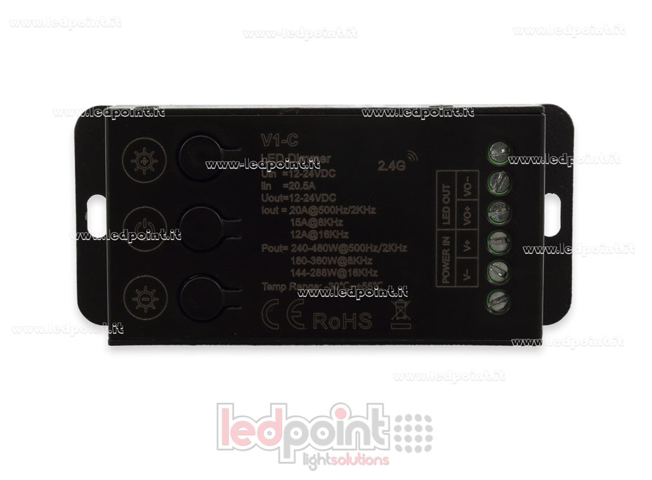 Monochrom Controller-Empfänger, 12–24 V, 1 Kanal x 20 A,  mit 3 Tasten und wählbarem PWM, RF 2,4 G