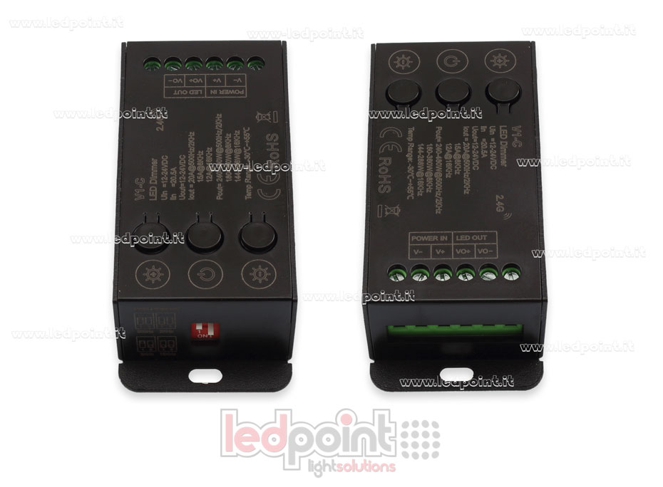 Monochrom Controller-Empfänger, 12–24 V, 1 Kanal x 20 A,  mit 3 Tasten und wählbarem PWM, RF 2,4 G