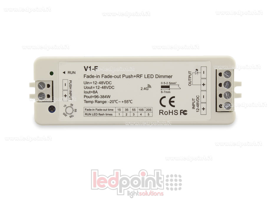 12/48V, 1ch*8A, RF 2.4G, monochrome dimmer receiver with adjustable on/off fade and push-button 12/48V, 1ch*8A, RF 2.4G, monochrome dimmer receiver with adjustable on/off fade and push-button