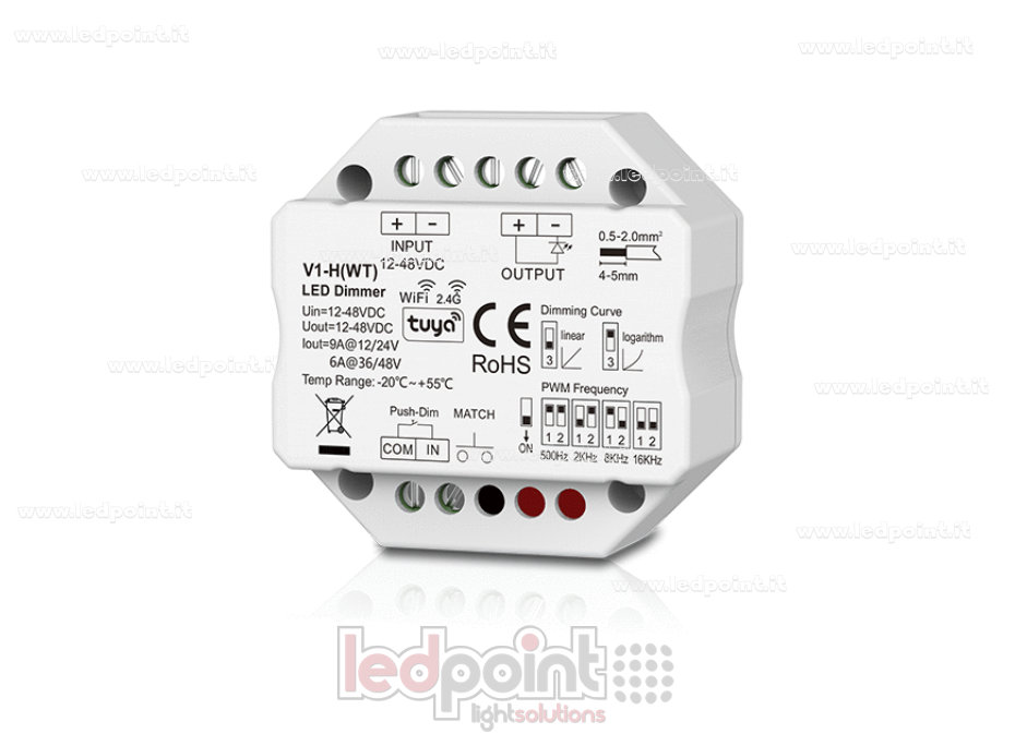 WiFi & RF dimmer receiver for wall junction box, single-color with button, 1CH6A/9A, 12-48VDC, RF 2.4G
