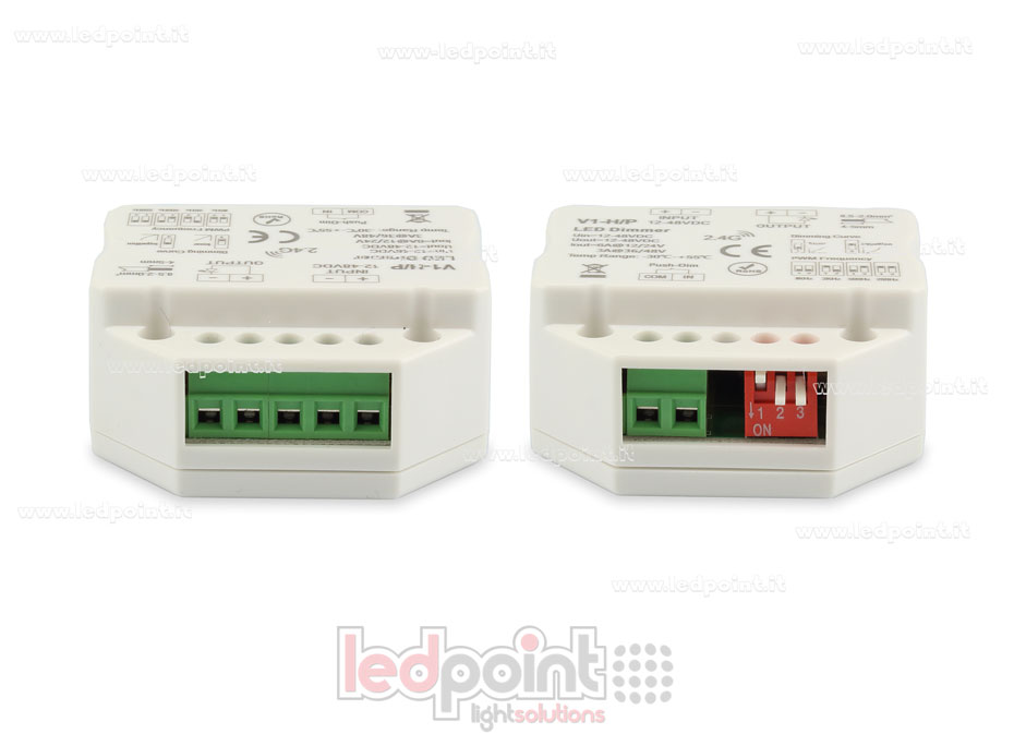 Ricevitore dimmer monocromatico con pulsante per scatola di derivazione a muro, 1CH*4A/8A 12-48VDC, RF 2.4G con curva dimming e frequenza PWM selezionabile Ricevitore dimmer monocromatico con pulsante per scatola di derivazione a muro, 1CH*4A/8A 12-48VDC, RF 2.4G con curva dimming e frequenza PWM selezionabile