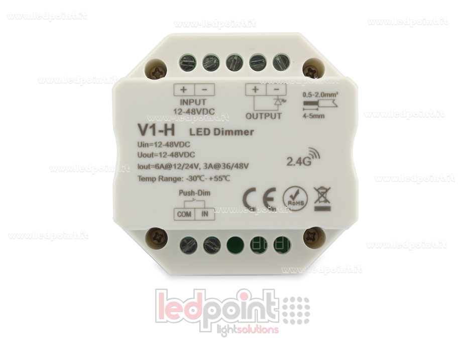 1CH*4A/8A 12-48VDC, RF 2.4G single-colour receiver with push switch for wall junction box 1CH*4A/8A 12-48VDC, RF 2.4G single-colour receiver with push switch for wall junction box