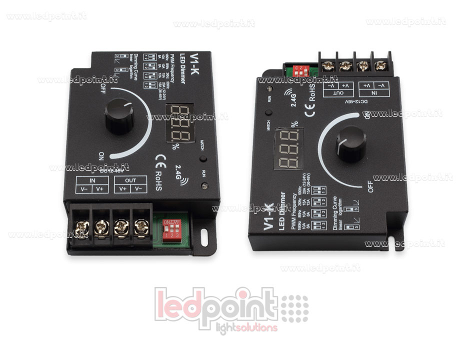 1ch*20A single-colour 12/48V dimmer with knob, selectable logarithmic or linear curve and PWM frequency
