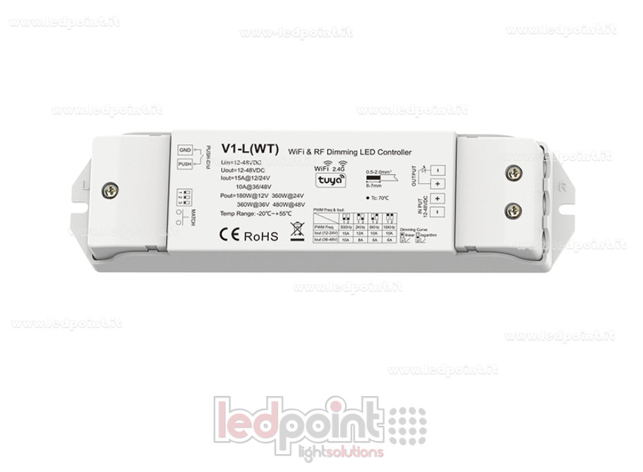 Ricevitore dimmer monocromatico con pulsante,Wifi & RF, 1CH*15A 12/24V o 1ch*10A 36/48V RF 2.4G