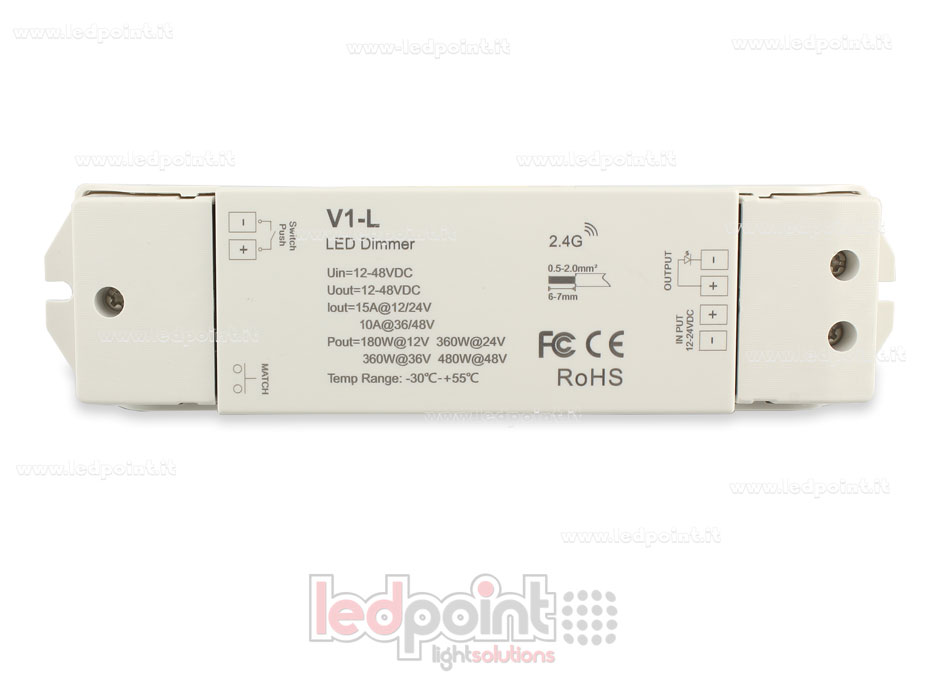 Ricevitore dimmer monocromatico con pulsante, 1CH*15A 12/24V o 1ch*10A 36/48V RF 2.4G Ricevitore dimmer monocromatico con pulsante, 1CH*15A 12/24V o 1ch*10A 36/48V RF 2.4G