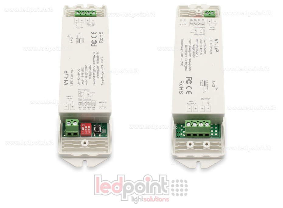 Single colour dimmer receiver with push dim, PWM frequency selectable, 1ch*15A 12/24V or 1ch*10A 36/48V, RF 2.4G