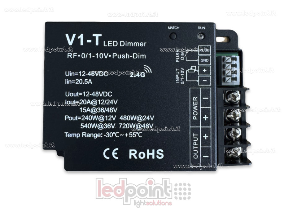 Push button monochromatic receiver dimmer, 0/1-10V, 12/24V, 1ch*20A, RF 2.4G Push button monochromatic receiver dimmer, 0/1-10V, 12/24V, 1ch*20A, RF 2.4G