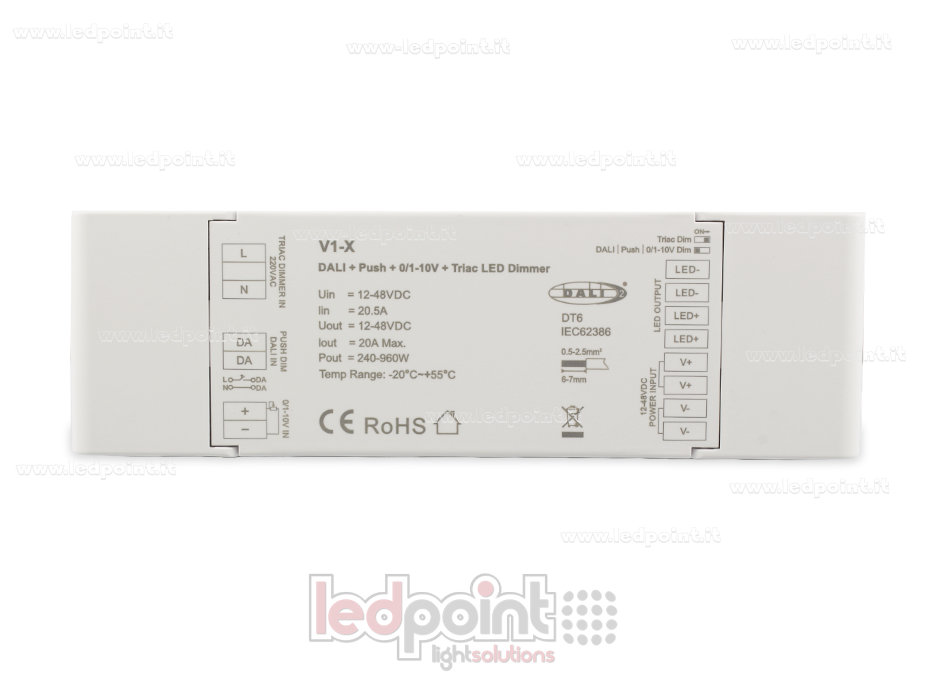4-in-1 Monochromatic Dimmer Receiver with Push Dim, DALI, 0/1-10V + Triac 1CH*20A 12/48V