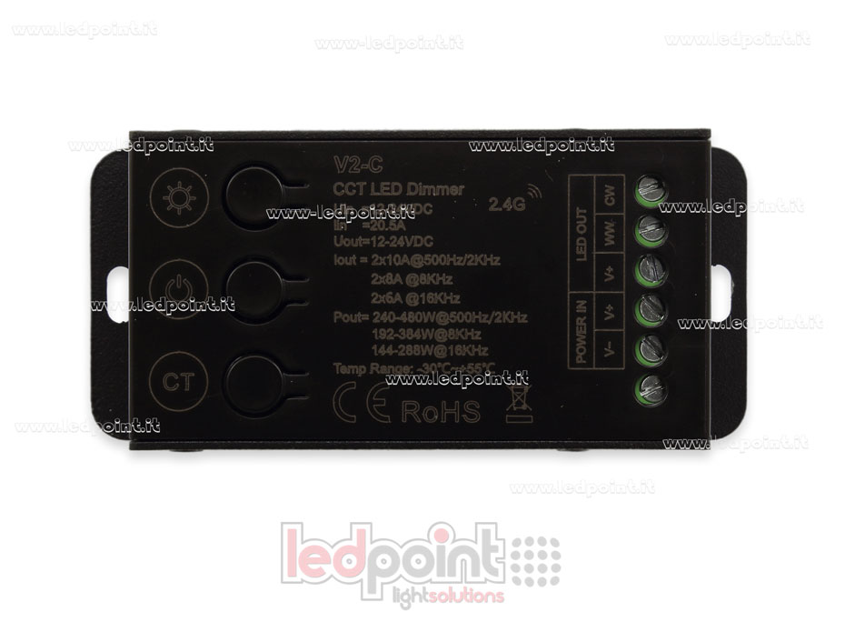 Ricevitore controller CCT 12-24V, 2ch*10A con 3 bottoni e PWM Selezionabile, RF 2.4G Ricevitore controller CCT 12-24V, 2ch*10A con 3 bottoni e PWM Selezionabile, RF 2.4G