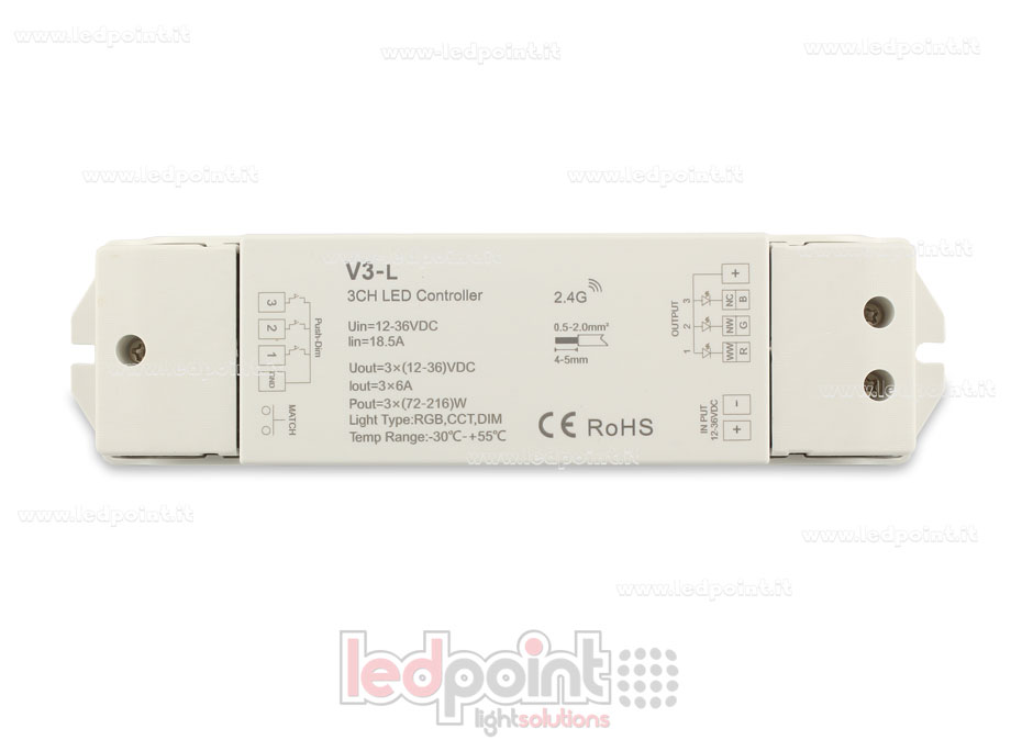 RGB controller 12-36V, 3ch*6A, RF 2.4G, push dim RGB controller 12-36V, 3ch*6A, RF 2.4G, push dim