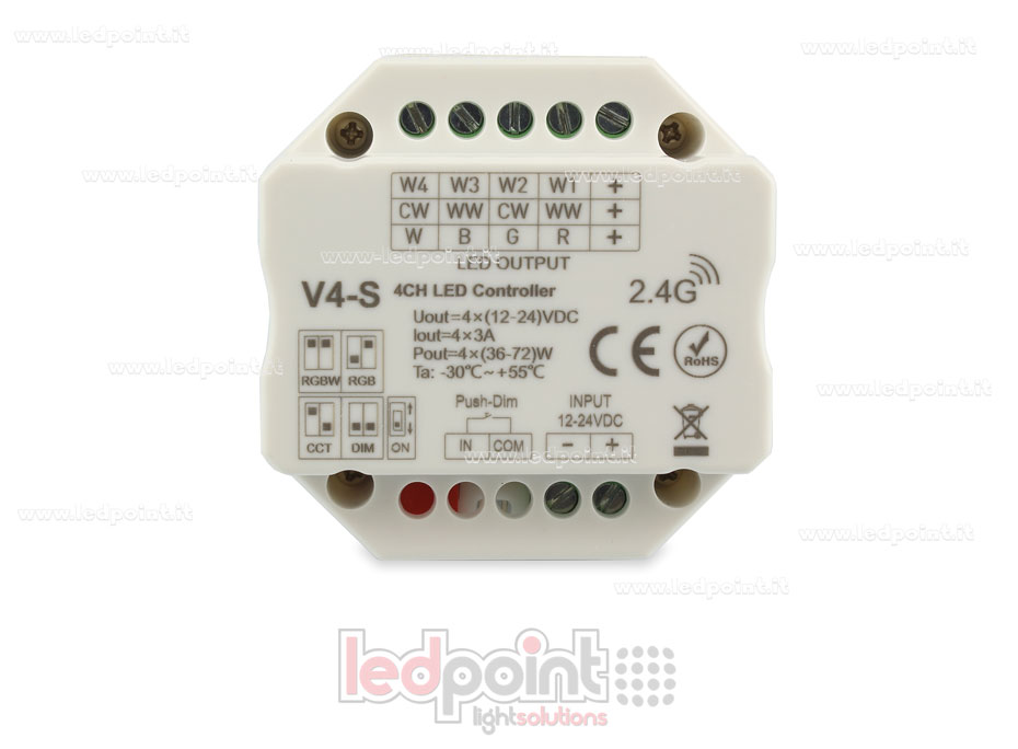 Push button/Triac RGBW controller 12/24V, 4ch*3A, RF 2.4G, wall junction box mounting Push button/Triac RGBW controller 12/24V, 4ch*3A, RF 2.4G, wall junction box mounting