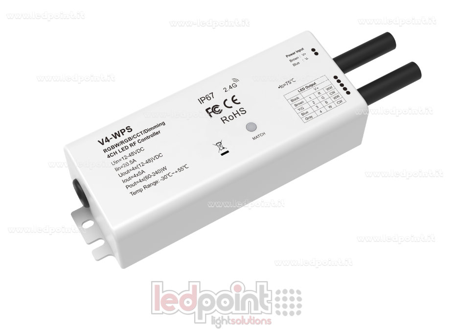 Ricevitore controller RGBW IP67 12/48V, 4ch*5A, RF 2.4G Ricevitore controller RGBW IP67 12/48V, 4ch*5A, RF 2.4G