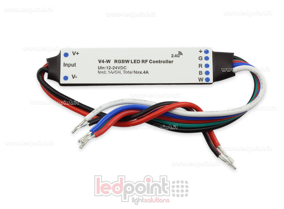 Ricevitore controller mini RGBW 12/24V, 4ch*1A, max 75W, RF 2.4GHz Ricevitore controller mini RGBW 12/24V, 4ch*1A, max 75W, RF 2.4GHz
