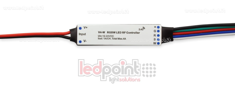 Ricevitore controller mini RGBW 12/24V, 4ch*1A, max 75W, RF 2.4GHz Ricevitore controller mini RGBW 12/24V, 4ch*1A, max 75W, RF 2.4GHz