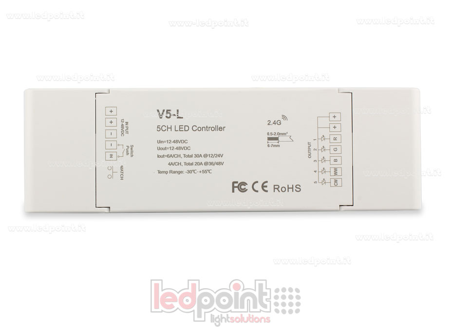 Ricevitore controller RGB+CCT 12/24V, 5ch*6A oppure 36/48V, 5ch*4A, RF 2.4G Ricevitore controller RGB+CCT 12/24V, 5ch*6A oppure 36/48V, 5ch*4A, RF 2.4G