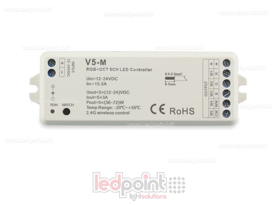 Ricevitore controller RGB+CCT 12/24V, 5ch*3A, RF 2.4G Ricevitore controller RGB+CCT 12/24V, 5ch*3A, RF 2.4G