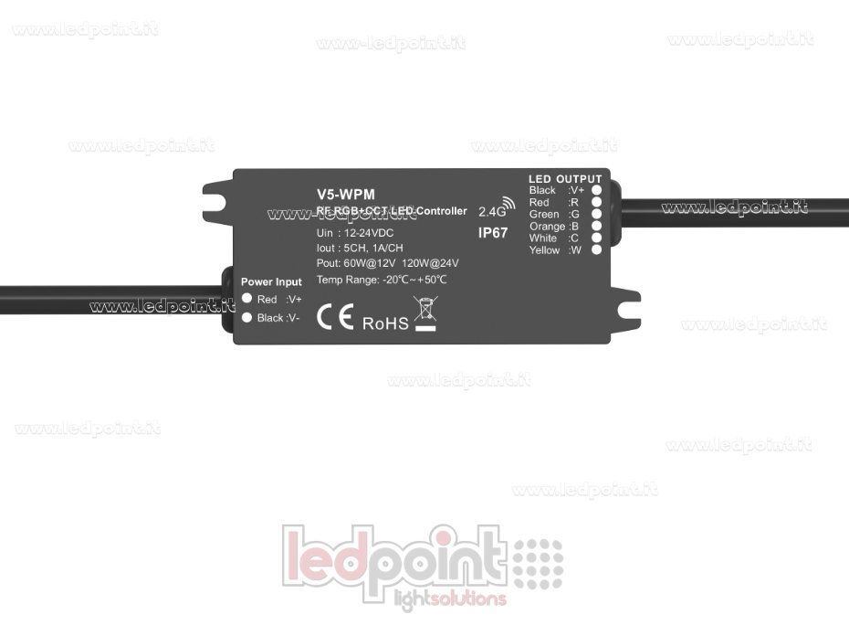 Mini RF LED controller  RGB + CCT, a 5 canali, IP67, 12/24VDC, 1A*5CH, RF2.4GHz