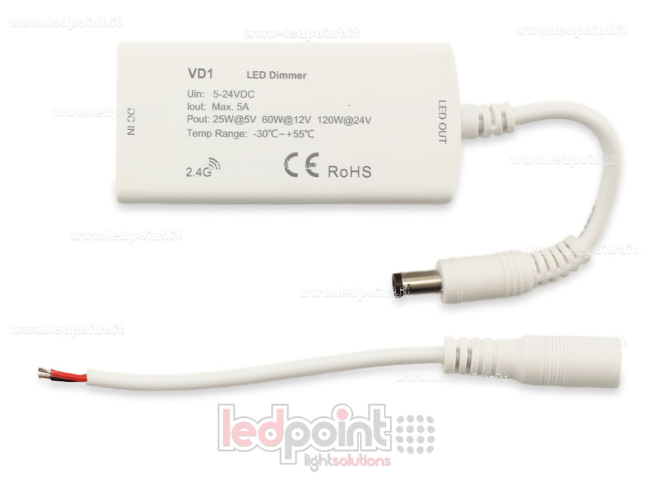 Monochrome RF 2.4G dimmer receiver with 3 buttons 5/24V, 1ch*5A Monochrome RF 2.4G dimmer receiver with 3 buttons 5/24V, 1ch*5A