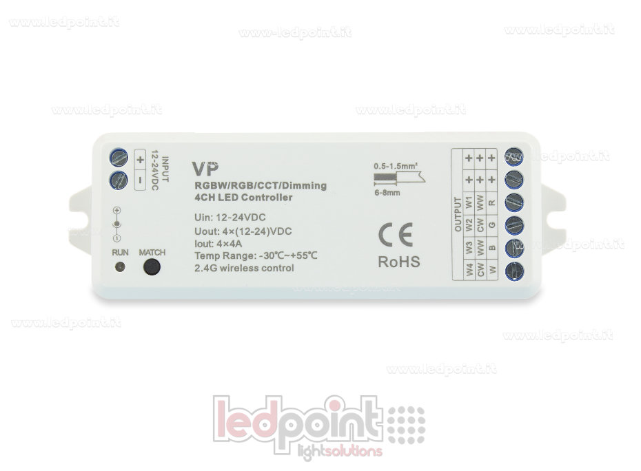 RGBW controller 12/24V, 4ch*4A, Max 16A, RF 2.4G RGBW controller 12/24V, 4ch*4A, Max 16A, RF 2.4G