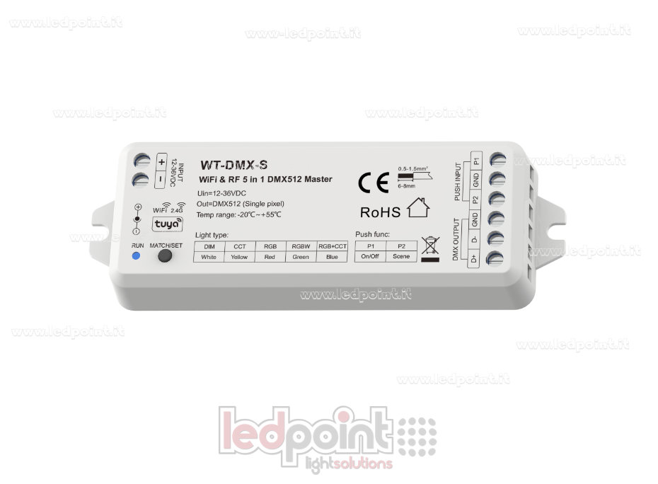 5-in-1 DMX512 12-36V Wi-Fi and RF 2.4Ghz Master 5-in-1 DMX512 12-36V Wi-Fi and RF 2.4Ghz Master