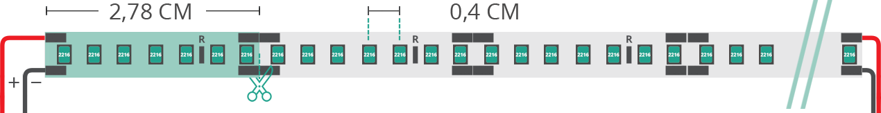 LED strip’s technical drawing 2216 24V IP20 2830-3040K 252led/m
