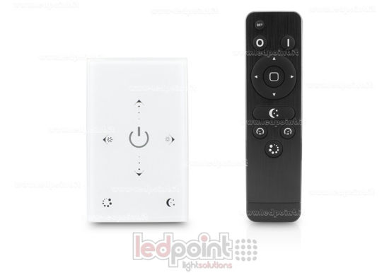 Immagine di Dimmer CCT (tonalità del bianco) RF da parete, scatola 503, con telecomando 2.4 GHz 12/24V 2ch*4A