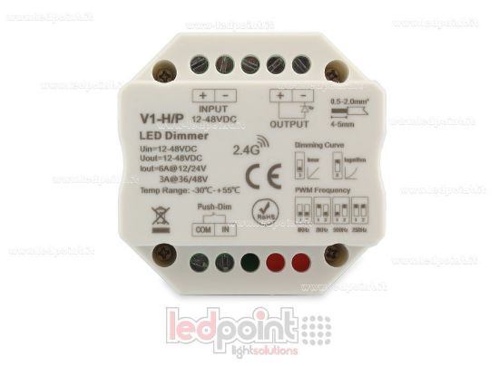 Immagine di Ricevitore dimmer monocromatico con pulsante per scatola di derivazione a parete, 1CH*4A/8A 12-48VDC, RF 2.4G con curva dimming e frequenza PWM selezionabile
