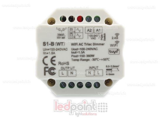 Immagine di Controller monocromatico triac 100/230V, push dim AC, WiFi, RF 2.4G, per scatola di derivazione a parete