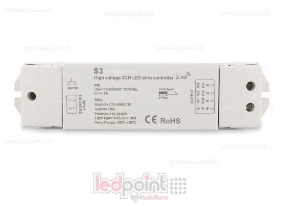 Immagine di Controller per strip 110-240 VDC, CCT/RGB, 3 canali da 1A l'uno, RF 2.4G