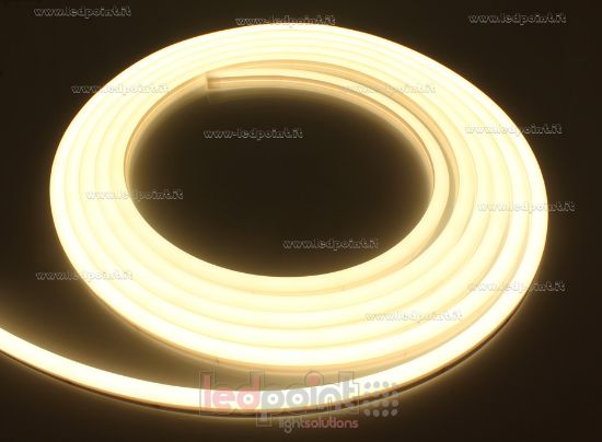 Immagine di Led Neon Flex in poliuretano 10mm side view bianco caldo 2835 CRI Ra>90 24V 9,6W 160led/m IP67 5m