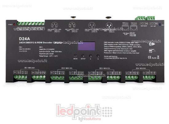 Picture of DMX 512 decoder with oled display, 24 channels of 5A each, 12-24V DC voltage