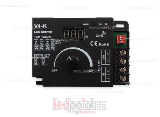 Picture of 1ch*20A single-colour 12/48V dimmer with knob, selectable logarithmic or linear curve and PWM frequency