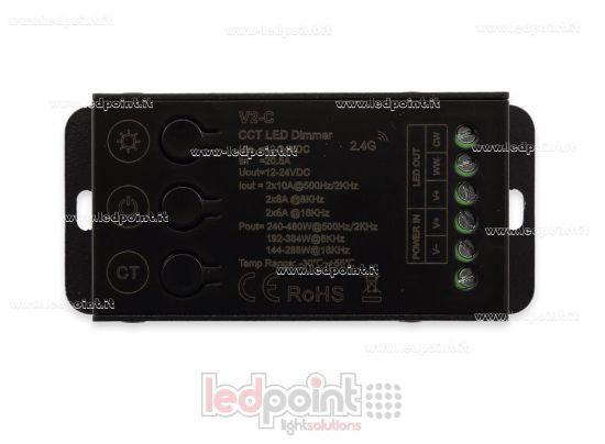Immagine di Ricevitore controller CCT 12-24V, 2ch*10A con 3 bottoni e PWM Selezionabile, RF 2.4G