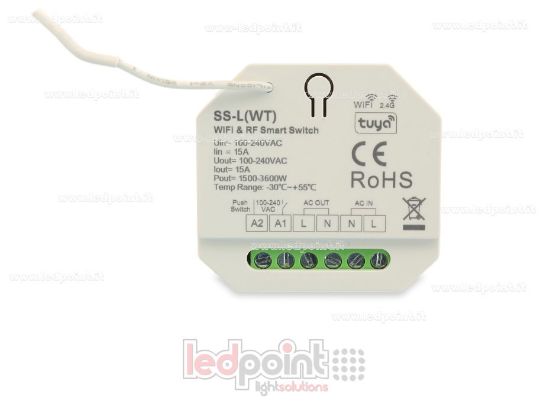 Immagine di Controller monocromatico 100-240VAC, on/off, non dimmerabile, 15A, push switch, WiFi, RF 2.4G, per scatola di derivazione a parete