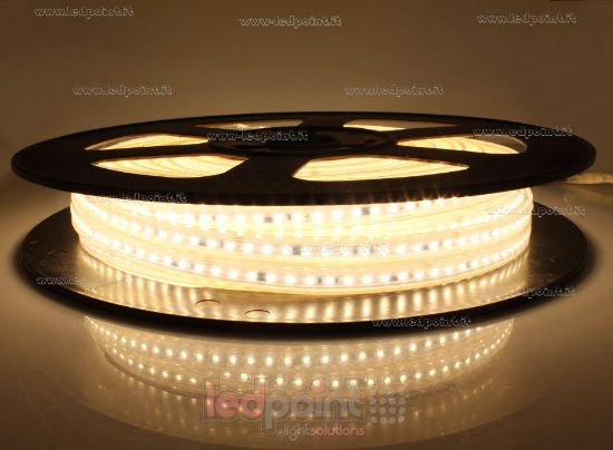 Immagine di Striscia led 25m led bianco caldo 3000K 2835 120led/m 230V 16,5W/m, IP65 tubo di silicone estruso bordi pieni interno vuoto