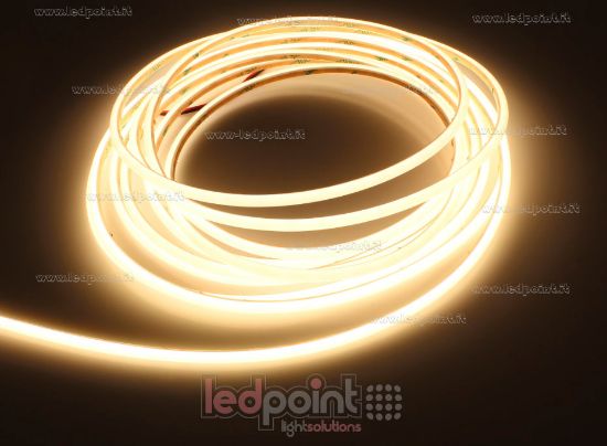 Immagine di Striscia led COB 5m bianco caldo 3000K 480led/m 24V 6W/m PCB 3mm, IP67 tubo di silicone estruso sferico