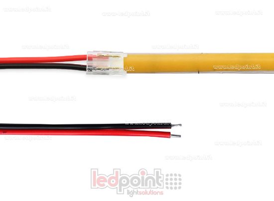 Immagine di Connettore con cavo 10cm, per strisce led e COB 5mm di PCB, 2 pin, versione ridotta trasparente