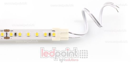 Immagine di Connettore con cavo da 14cm per strisce led 2835 e 5050 monocromatiche (PCB 10mm), versione ridotta. Ideale per strisce led ad alta densità, fino a 120 LED / metro