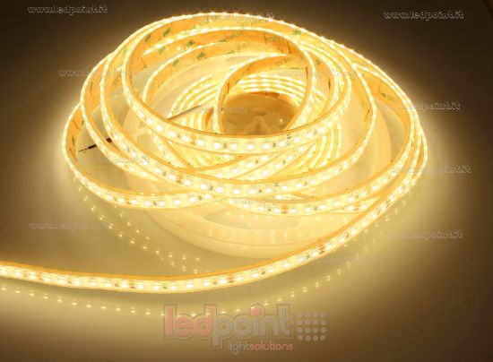 Immagine di Striscia led 5m bianco caldo 3000K 2835 120led/m Honglitronic 24V 9,6W/m, IP67 silicone solido trasparente