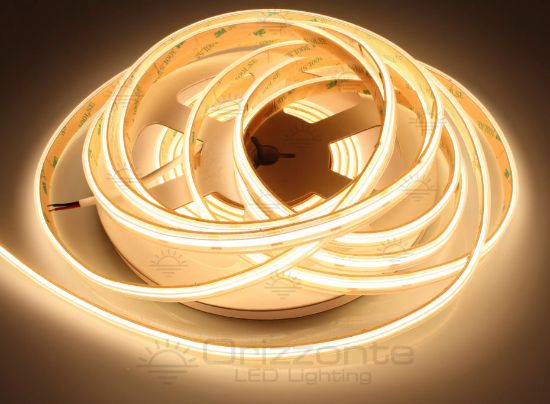 Immagine di Striscia led 5m bianco caldo 3000K CRI>90 480led/m 12V 4,8W/m PCB 8mm controllo in corrente, IP65 tubo di silicone estruso bordi pieni interno vuoto